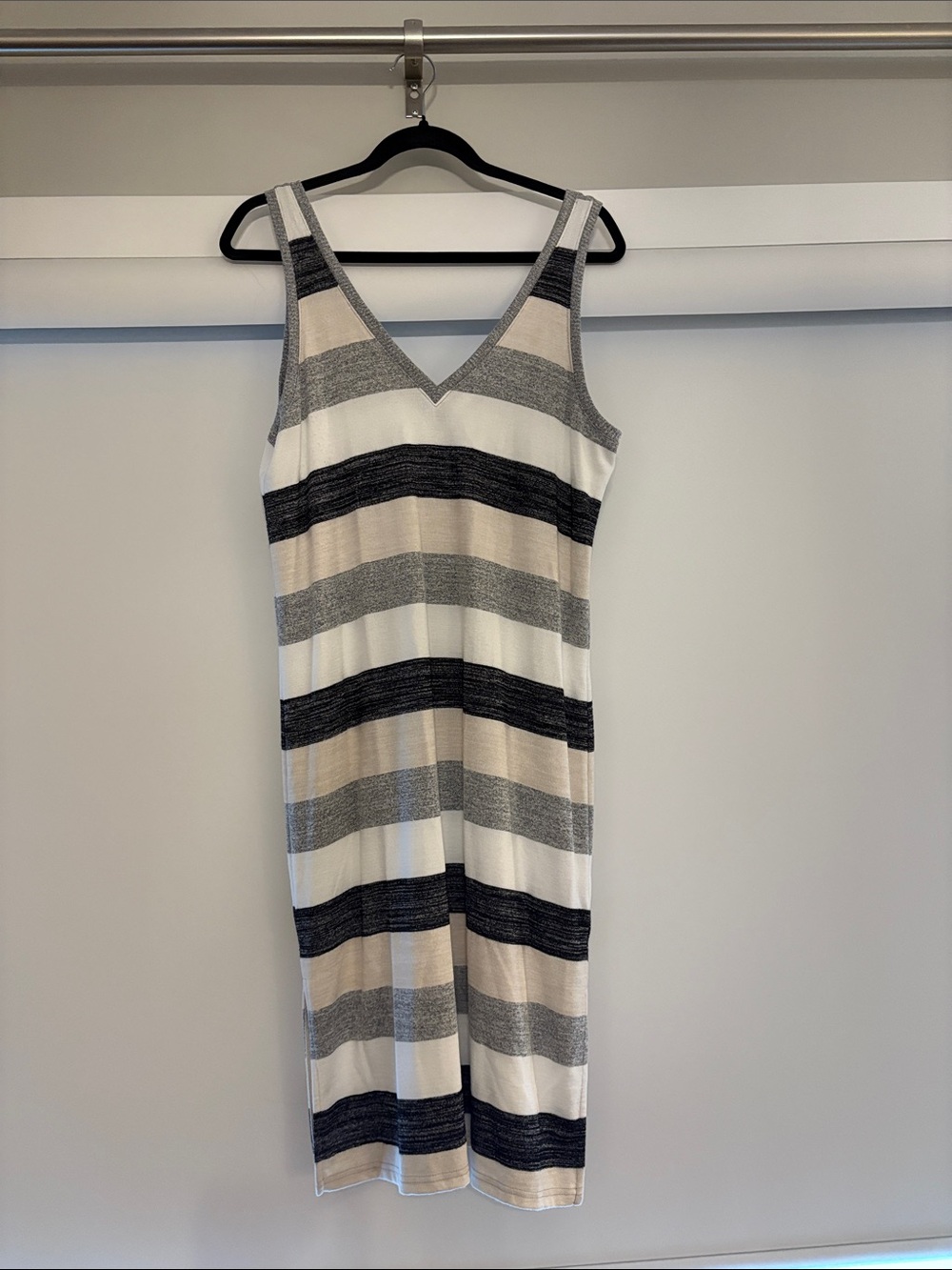 GAP Striped V-Neck Tank Dress in White, Gray, Black, and Tan